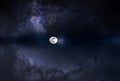 Milky way galaxy nebula   dark blue sky dramatic night clouds and bright full moon nature landscape Royalty Free Stock Photo