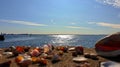 Sunset on sea romantic Seascape skyline horizon seashell on rock blue sky old town city  port of Tallinn,Estonia,Baltic Sea Royalty Free Stock Photo