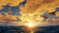 Sunset in sea, sun in waves of ocean. Fantastic sunset in summer on sea, sun melts in the waves. Clouds in rays of sun are Royalty Free Stock Photo