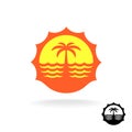 Sunset, Sea Waves And Palm Tropical Island Travel Logo
