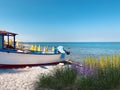 Sunset sea wild flowers on beach white  sand  fish boat on horizon  blue sky and green sea water tropical landscape holiday Royalty Free Stock Photo