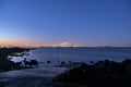 Sunset at Seapoint Beach. Wide angle view of Dublin Waste to Energy Covanta Plant, Poolbeg CCGT and Pigeon House Power Station Royalty Free Stock Photo