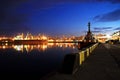 Sunset in the seaport of Odessa. Night views of piers and ships. Royalty Free Stock Photo