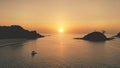 Sunset seascape of ocean bay at tropic islands aerial. Nobody nature landscape with palm trees