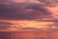 Sunset seascape, orange, blue, yellow, magenta, gold sky reflected in the sea pacific ocean, background photo of sun setting over