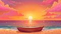 Sunset on a seaside with a wooden boat at sunset. Cartoon illustration of an evening seascape with a sand shore, boat on Royalty Free Stock Photo