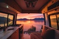 Sunset seen from back of camper van with amazing landscape. Concept of nature and having freedom in holiday