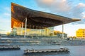 Sunset of the Senedd in Cardiff, Wales