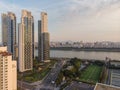 Sunset in Seoul. Aerial Cityscape. South Korea. Skyline of City. Han River in Background Royalty Free Stock Photo