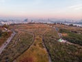 Sunset in Seoul. Aerial Cityscape. South Korea. Skyline of City. Mapo District. Haneul Park in Background. Han River Royalty Free Stock Photo