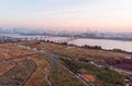 Sunset in Seoul. Aerial Cityscape. South Korea. Skyline of City. Mapo District. Haneul Park in Background. Han River Royalty Free Stock Photo