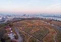 Sunset in Seoul. Aerial Cityscape. South Korea. Skyline of City. Mapo District. Haneul Park in Background. Han River Royalty Free Stock Photo