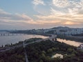 Sunset in Seoul. Aerial Cityscape. South Korea. Skyline of City. Seongdong District. Han River in Background Royalty Free Stock Photo