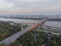 Sunset in Seoul. Aerial Cityscape. South Korea. Skyline of City. Seongdong District. Han River in Background Royalty Free Stock Photo