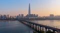 Sunset of Seoul Subway and Lotte Tower, South korea.