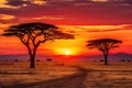 Sunset in Serengeti National Park in Tanzania, Africa, African savannah with acacia trees at sunset. Serengeti National Park, Royalty Free Stock Photo