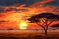 Sunset in Serengeti National Park, Tanzania, Africa, Sunset in the savannah of Africa with acacia trees, Safari in Serengeti, Royalty Free Stock Photo