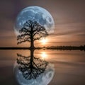 Sunset serenity lone tree and giant moon reflection Royalty Free Stock Photo