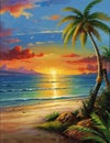Sunset Serenity A Picture Perfect Painting of Beach Bliss with Palm Trees and Playful Waves