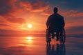 Sunset serenity silhouette of a disabled man on a beach
