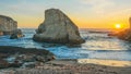 Sunset at Shark Fin Bay, beautiful beach landscape on the coast of the California Highway, ocean, rocks, aerial view. Royalty Free Stock Photo