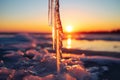 Sunset shines through an icicle