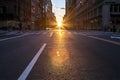 Sunset shines over the New York City streets during the coronavirus lockdown in Manhattan,  2020 Royalty Free Stock Photo