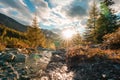 Sunset shining over Matterhorn mountain with waterfall flowing in autumn forest at Switzerland Royalty Free Stock Photo
