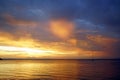 Sunset. Ship silhouette on the horizon. Beautiful view . Greece Sithonia Aegean Sea. Skyline. Horizon. Sky c Royalty Free Stock Photo