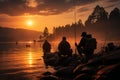 Sunset shoreline scene anglers gather, casting lines, silhouetted beautifully Royalty Free Stock Photo