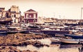 Sunset in Sicily, Acitrezza harbor with fisher boats next to Cyclops islands, Catania Royalty Free Stock Photo