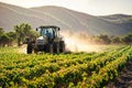 Tractor spraying pesticides on a strawberry field at sunset, South Korea, generative ai Royalty Free Stock Photo