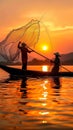 Sunset silhouette Asian fisherman on a wooden boat casts nets