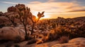 Sunset silhouette of cholla cacti and boulders