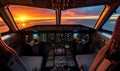 Sunset Silhouette: Cockpit View of Airplane in Mesmerizing Evening Sky Royalty Free Stock Photo