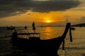 Sunset silhouette of boat in sea bay in Thailand Royalty Free Stock Photo