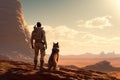 sunset silhouette of a man and his pet dog on a alien mars planet. Royalty Free Stock Photo