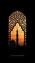 Sunset Silhouette: Mosque Architecture Viewed Through Intricate Lattice Window at Dusk