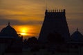 Sunset with silhouette of Sarangapani Temple, Kumbakonam, Tamil Nadu, India