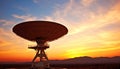 Sunset silhouette, satellite dish receives global communication data generated by AI