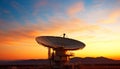 Sunset silhouette, satellite dish receives global communication generated by AI