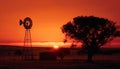 Sunset silhouette of windmill on rural farm generated by AI Royalty Free Stock Photo