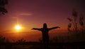 Sunset silhouette Young woman feeling to Freedom and Relax Royalty Free Stock Photo