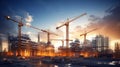 Sunset Silhouettes: Cranes Over Construction Site. Generative ai Royalty Free Stock Photo