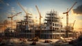 Sunset Silhouettes: Cranes Over Construction Site. Generative ai Royalty Free Stock Photo