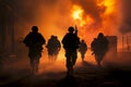 Sunset silhouettes of marines in action, surrounded by smoke, rifles, and machine guns Royalty Free Stock Photo