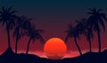 Sunset silhouettes of palm trees at night. Tropical beach on background red black setting sun.