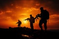 Sunset silhouettes of a team of soldiers or officers with weapons Royalty Free Stock Photo