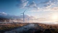 Windmills for electric power production at sunset. 3D rendering, generative ai