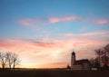 sunset sky background rural landscape with church and copy space Royalty Free Stock Photo